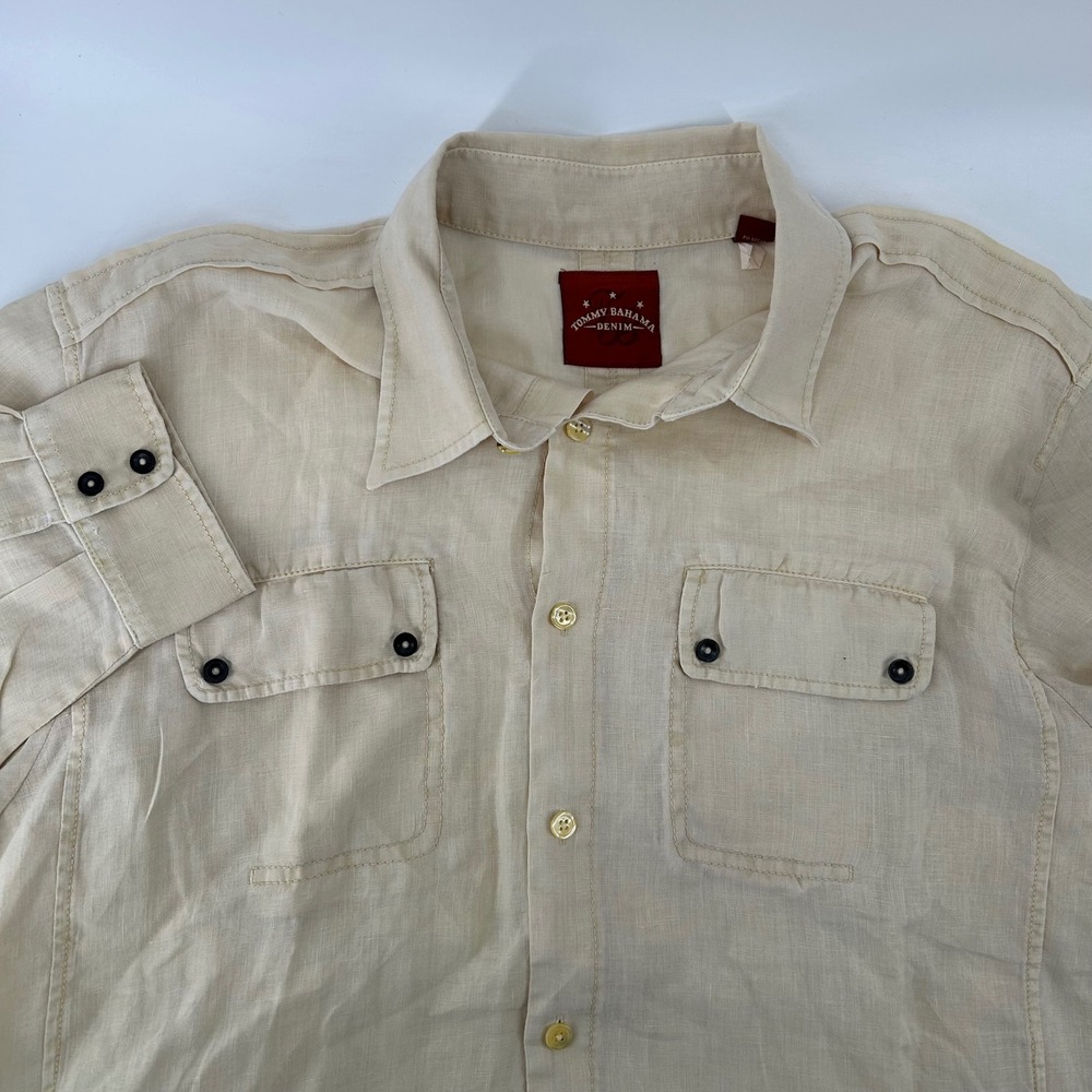 Tommy Bahama Denim Shirt Mens XL Beige 100% Linen Safari Roll Tab Utility Pocket